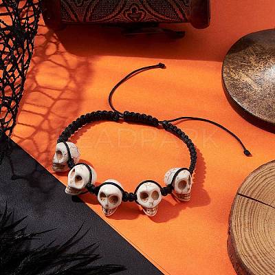 Synthetic Magnesite Skull Braided Bead Bracelets BJEW-JB10523-1