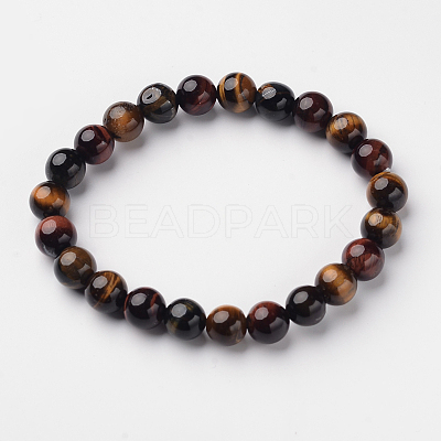 Natural Tiger Eye Round Bead Stretch Bracelets BJEW-L594-A03-1