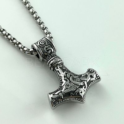 Vintage Punk Style 304 Stainless Steel Viking Hammer Pendant Necklaces for Men EH8058-1