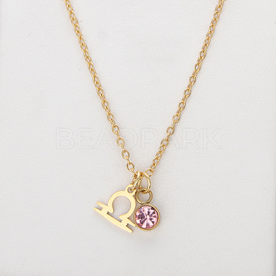 304 Stainless Steel Light Rose Rhinestone Birth Stone Constellation Pendant Necklaces FS-WG76580-10-1