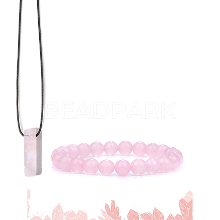Natural Rose Quartz Beads Stretch Bracelets & Pendant Necklaces Sets for Men PW-WGF85DB-10-1