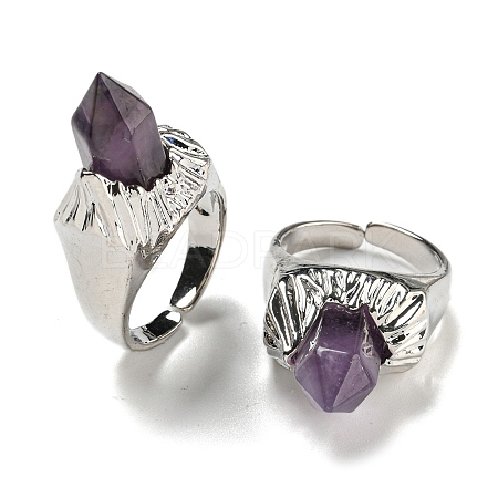 Hexagonal Prism Natural Amethyst Open Cuff Rings RJEW-B106-01P-04-1