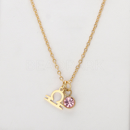 304 Stainless Steel Light Rose Rhinestone Birth Stone Constellation Pendant Necklaces FS-WG76580-10-1