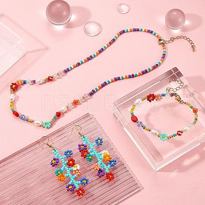 Natural Pearl & Glass Seed Beaded Necklace & Bracelet & Dangle Earrings SJEW-SW00008-1