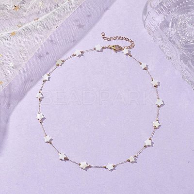316 Stainless Steel Paperclip Chain & Star Natural White Shell Link Necklaces NJEW-JN05034-1