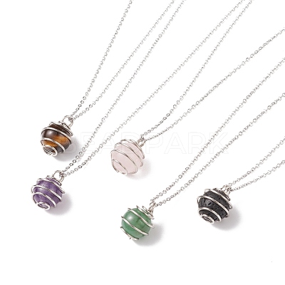 Natural Gemstone Cage Pendant Necklace with 304 Stainless Steel Cable Chains for Women X-NJEW-JN03905-01-1