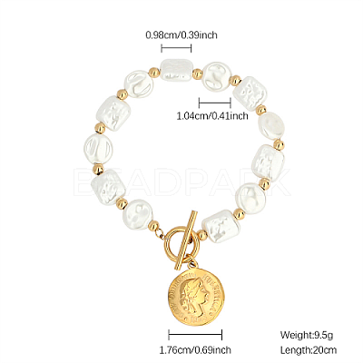 Natural Pearl Rectangle & Flat Round Beaded Bracelet with Stainless Steel Coin Charms SX4591-2-1
