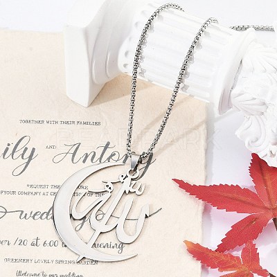 201 Stainless Steel Moon & Arabic Pendants Box Chain Necklaces for Women Men LS-NJEW-R013-02P-1