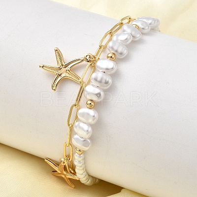 304 Stainless Steel Starfish Charm Bracelets for Women BJEW-F520-06G-1