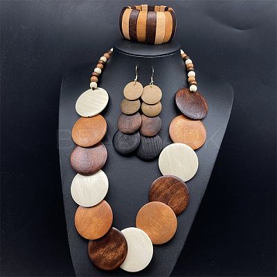 Bohemian Vintage Style Wooden Flat Round Beaded Necklaces & Dangle Earrings & Beadeed Bracelets Sets for Women FS-WGEDB9C-01-1
