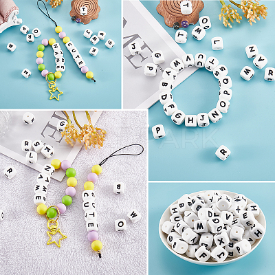 20Pcs White Cube Letter Silicone Beads 12x12x12mm Square Dice Alphabet Beads with 2mm Hole Spacer Loose Letter Beads for Bracelet Necklace Jewelry Making JX432T-1