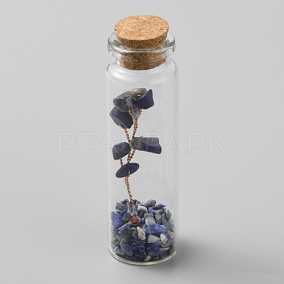 Natural Lapis Lazuli Chips Bonsai Tree in Column Glass Wish Bottles AJEW-WH0348-07E-1