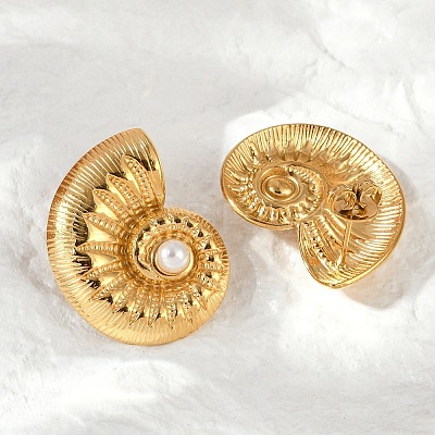 304 Stainless Steel Shell Pearl Stud Earrings X-EJEW-G423-22G-1