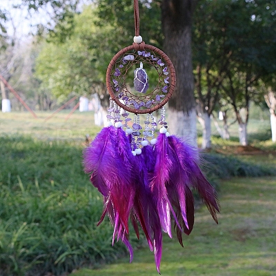 Natural Amethyst Chips Woven Net/Web with Feather Pendant Decoration WICH-PW0001-39F-1