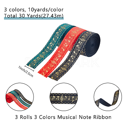 30Yards 3 Colors Musical Note Pattern Polyester Striped Ribbon OCOR-DC0001-19-1