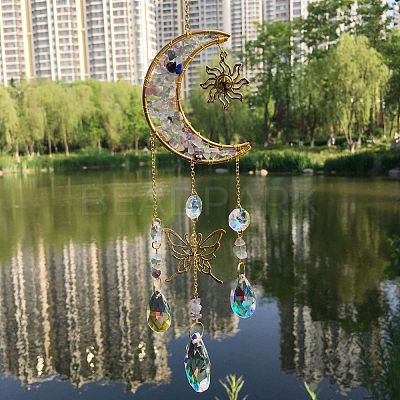 Natural Fluorite Chip & Metal Moon Hanging Suncatchers PW-WG15083-07-1