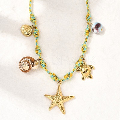 Summer Beach 304 Stainless Steel & Electroplated Natural Shell Pendant Adjustable Polyester Cord Necklaces for Women NJEW-F348-01B-G-1