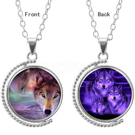 Double-sided Picture Glass Rotatable Pendant Necklaces NJEW-F200-08P-1