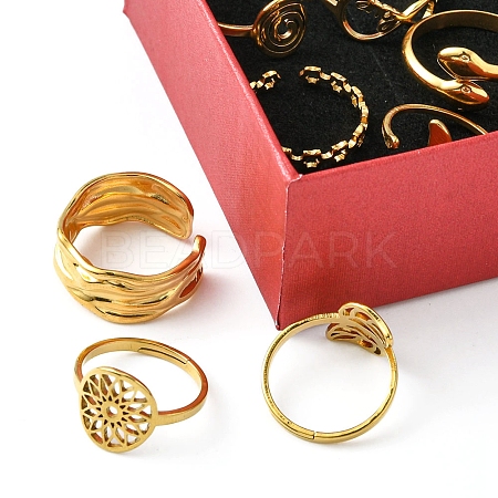 8Pcs 8 Style Flower & Leaf & Whale Tail & Snake Stainless Steel Open Cuff Ring Sets RJEW-FS0001-01-1