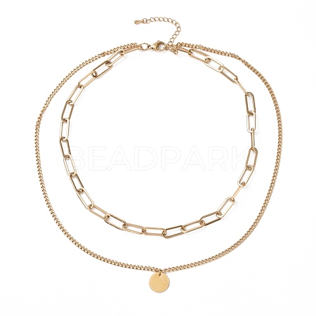 PVD Vacuum Plating 304 Stainless Steel Double Chains Multi Layered Necklace with Flat Round Charms for Women STAS-E155-04G-1