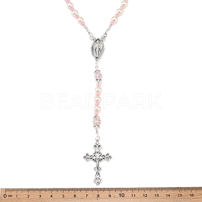 Glass Pearl Rosary Bead Necklace NJEW-TA00082-01-1
