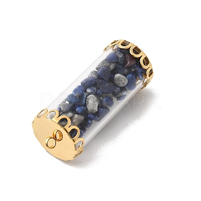 Glass Tube with Natural Lapis Lazuli Chip Beads Inside Pendants FIND-B054-01G-01-1