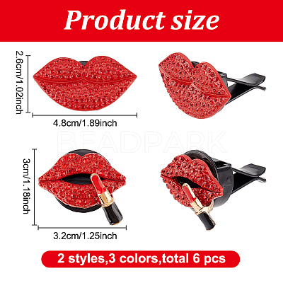 6Pcs 6 Styles Lip Shape Alloy Rhinestone Air Vent Clips AJEW-FH0004-67-1