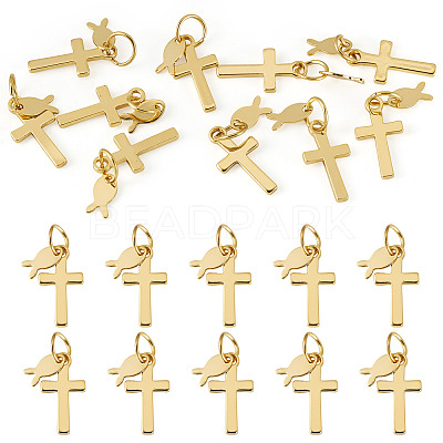 10Pcs Cross with Fish Brass Pendants PALLOY-TAC0271-1