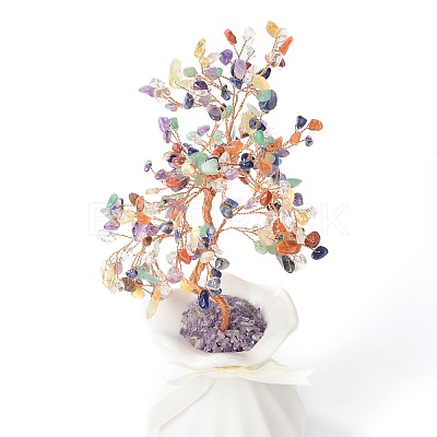 Natural Gemstone Chips with Brass Wrapped Wire Money Tree on Ceramic Vase Display Decorations DJEW-B007-01D-1