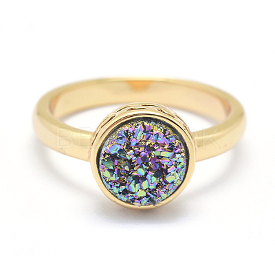 Electroplate Natural Druzy Agate Crystal Finger Rings RJEW-I054-11G-RS-1