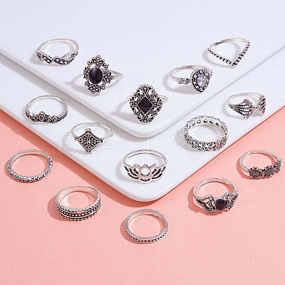 15Pcs 15 Style Crystal Rhinestone Rhombus & Lotus & Crown Finger Rings Set JR940A-1
