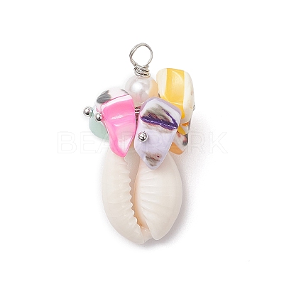 Natural Cowrie Shell & Dyed Natural Trochid Shell Nuggets Beaded Pendants PALLOY-JF04584-02-1