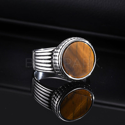 304 Stainless Steel with Natural Tiger Eye Finger Rings for Men FS-WGE1297-05-1