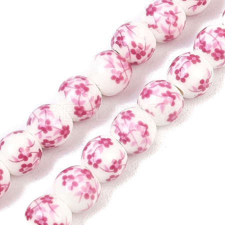 Handmade Flower Printed Porcelain Ceramic Beads Strands PORC-M005-8mm-03-1