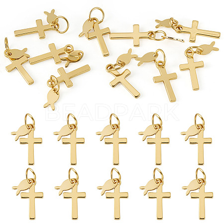 10Pcs Cross with Fish Brass Pendants PALLOY-TAC0271-1
