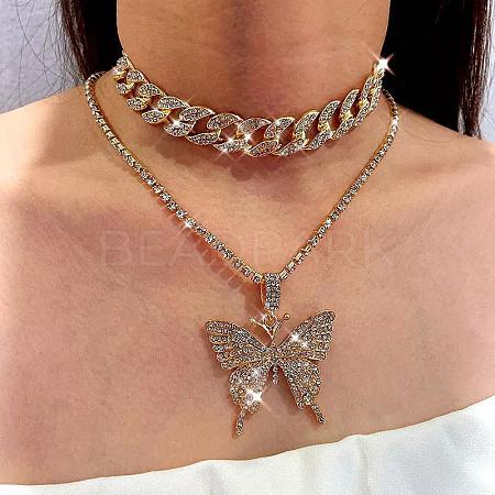 2Pcs Alloy Crystal Rhinestone Butterfly Pendant Necklaces for Women WG05CA5-01-1