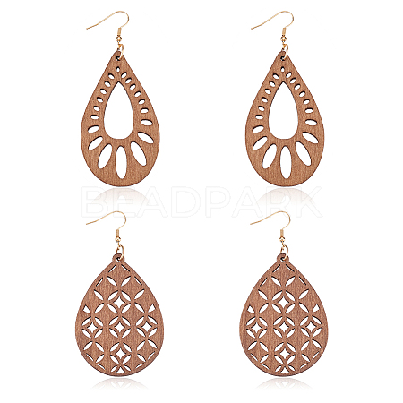 ANATTASOUL 2 Pairs 2 Style Natural Wood Hollow Out Teardrop Dangle Earrings EJEW-AN0001-54-1
