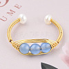 Natural Aquamarine Braided Oval Open Cuff Ring with Pearl Beaded RJEW-T026-11G-3