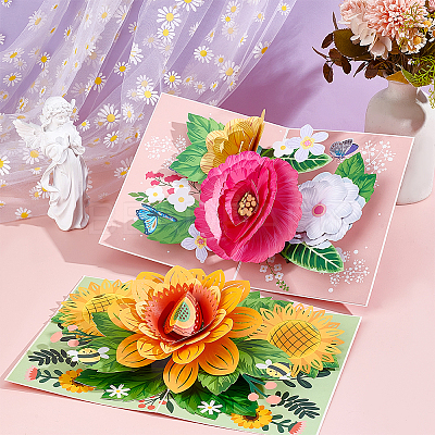 2 Sets 2 Styles Valentine's Day Rectangle 3D Pop Up Flower Paper Greeting Card AJEW-GA0006-96-1