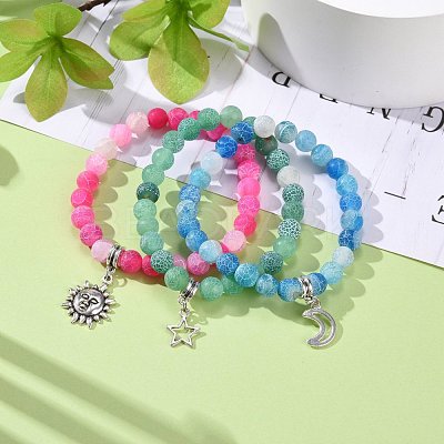 3Pcs Natural Weathered Agate(Dyed) Beaded Bracelets Set BJEW-JB07665-1