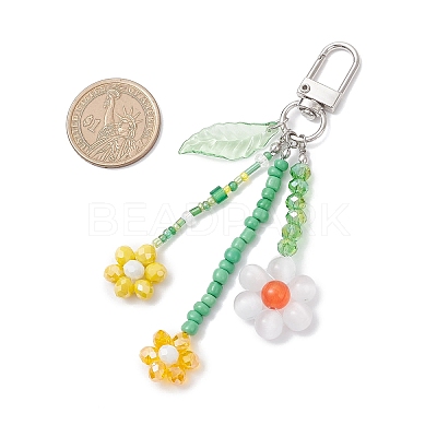 Cat Eye & Glass Seed Beaded Flower Pendant Decorations HJEW-TA00383-02-1
