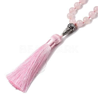 Natural Rose Quartz Mala Prayer Round Beaded Wrap Necklaces with Long Tassel and Metal Tree of Life FS-WG93CBE-02-1