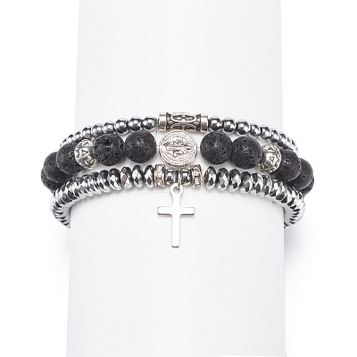 3Pcs 3 Style Natural Lava Rock & Synthetic Hematite Stretch Bracelets Set BJEW-JB08692-1