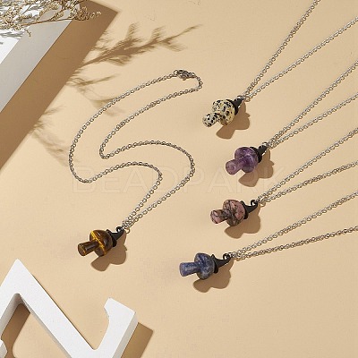 5Pcs 5 Style Natural Mixed Gemstone Mushroom with Witch Hat Pendant Necklaces Set NJEW-JN04198-1
