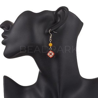 Handmade Glass Seed Beaded Window Lattice Pattern Dangle Earrings EJEW-MZ00560-01-1