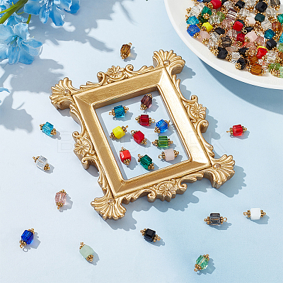 Glass Rectangle Charms with Golden Tone Brass Loops PALLOY-HY00011-1