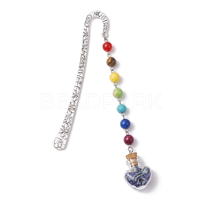 7 Chakra Gemstone Bead & Natural Lapis Lazuli Glass Heart Wishing Bottle Pendant Bookmarks AJEW-JK00313-07-1