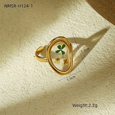 Preserved Flowers 304 Stainless Steel and Epoxy Resin Open Cuff Rings for Women FS-WGCF311-13-1