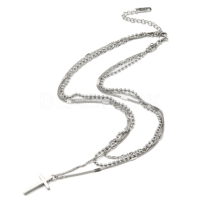 Non-Tarnish 304 Stainless Steel Rope & Ball & Curb Chains Triple Layer Necklaces BJEW-K257-02P-1