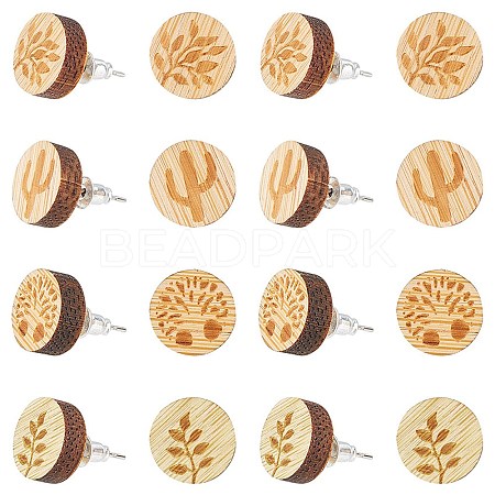 SUNNYCLUE 8 Pairs 4 style Natural Wood Flat Round Stud Earrings EJEW-SC0001-47-1